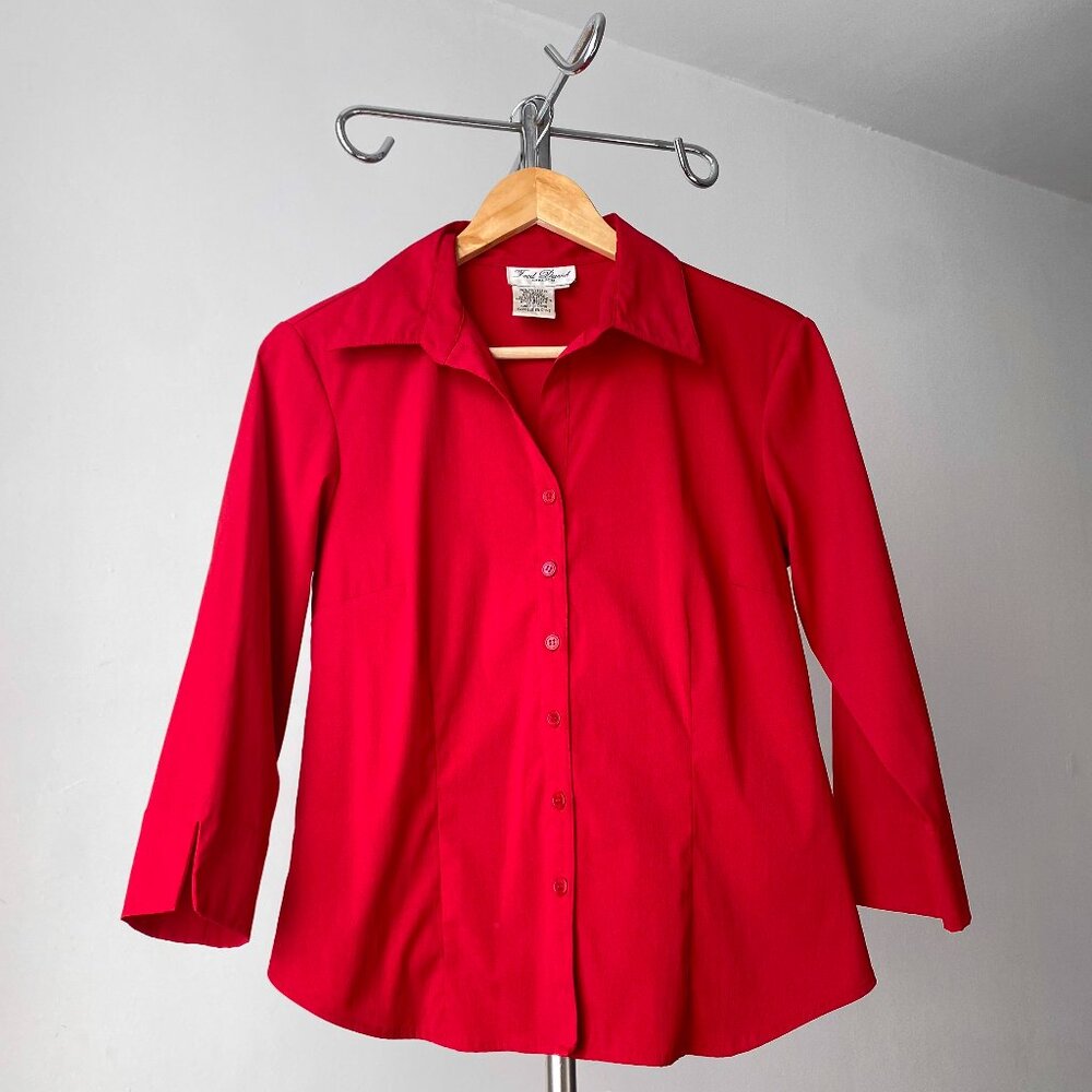🍂  2010s Vintage Red Bold Stretchy 3/4 Sleeves Button-Up Shirt by Fred David